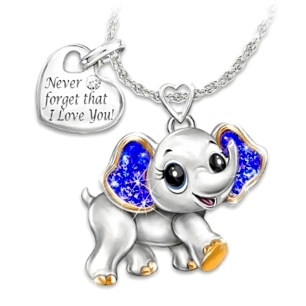 💥4 For $20💥Beautiful Elephant w/Blue Rhinestone Ears & Heart Dangle Necklace